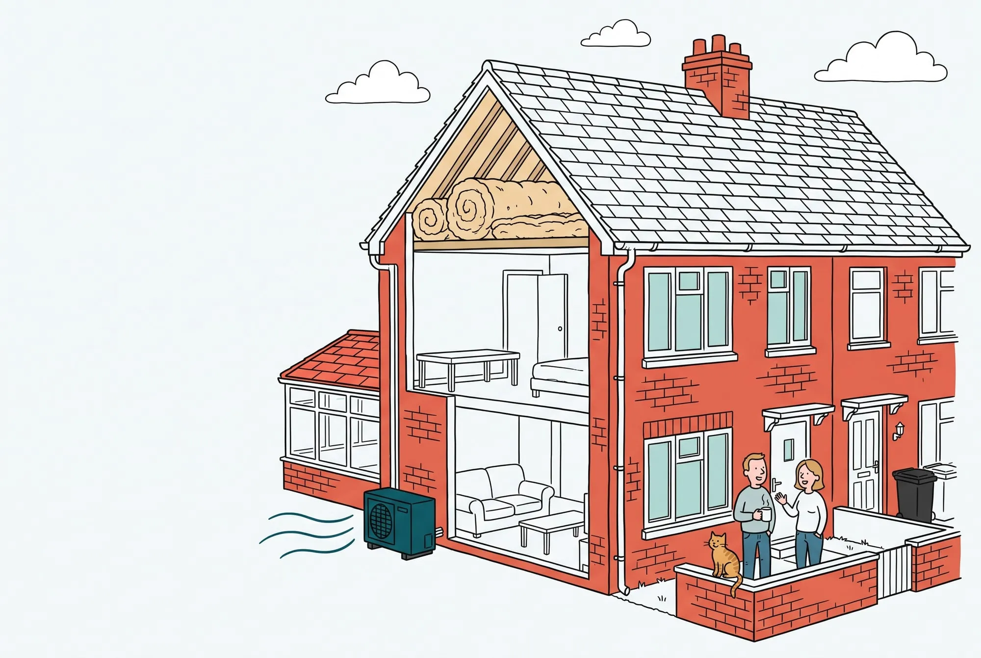 A British semi-detached house with new windows, a tiled conservatory roof, loft insulation and an air source heat pump, with a couple chatting in the front garden